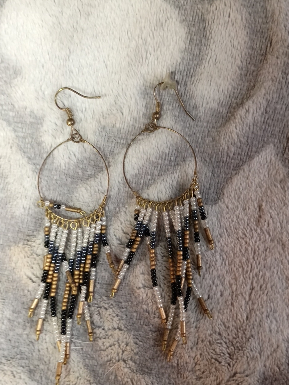Gold Hoop Beaded Fringe Earrings with Black and White Accents